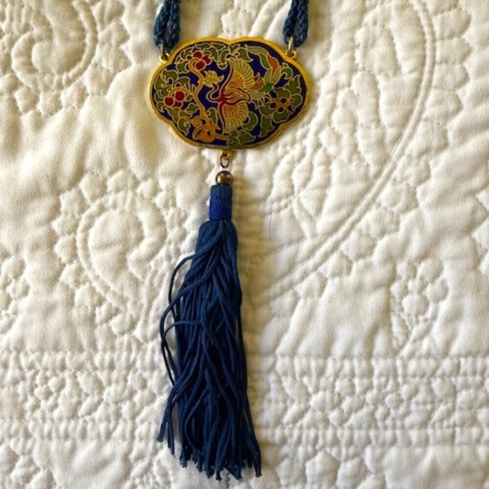 Large Chinese Cloisonne Bird Necklace Pendant Metal Phoenix